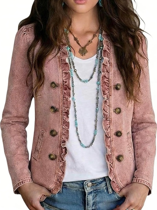 Jackets & Blazers - Women's Ruffle Trim Pink Jacket - Casual Tailored Coat
